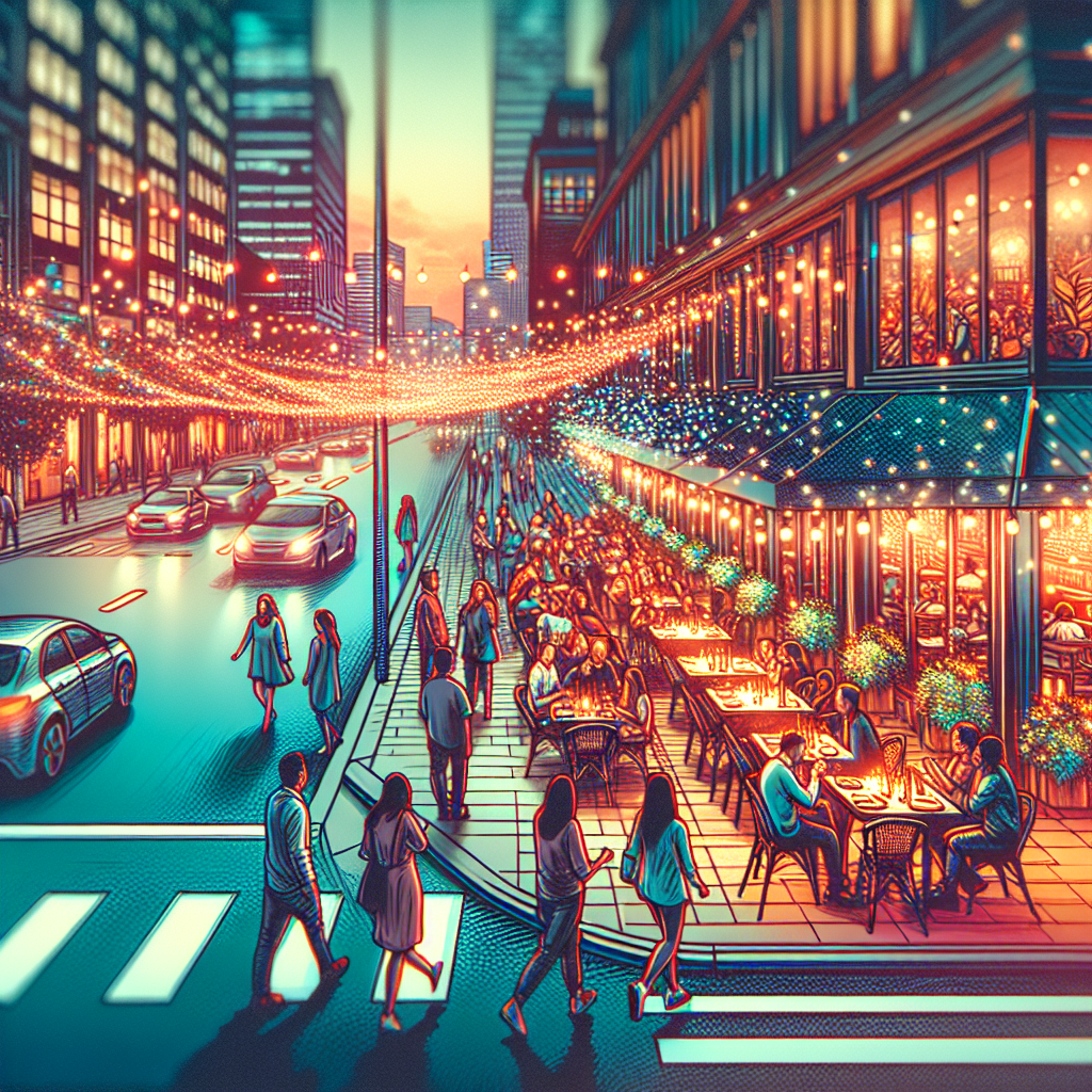 תמונה של רחוב משובץ באחת אוויר הסביים של מסעדה